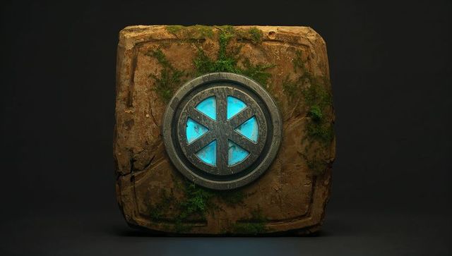 Mossy weathered stone block with cyan glowing six-pane metal emblem, ancient tech relic