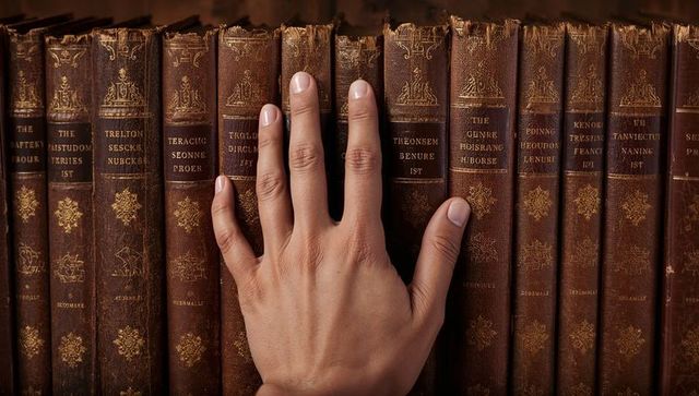 Placing hand on antique leather-bound book spines with gilt tooling and vintage warmth