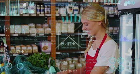 Retail produce clerk packing greens with market analytics overlays and data visualization