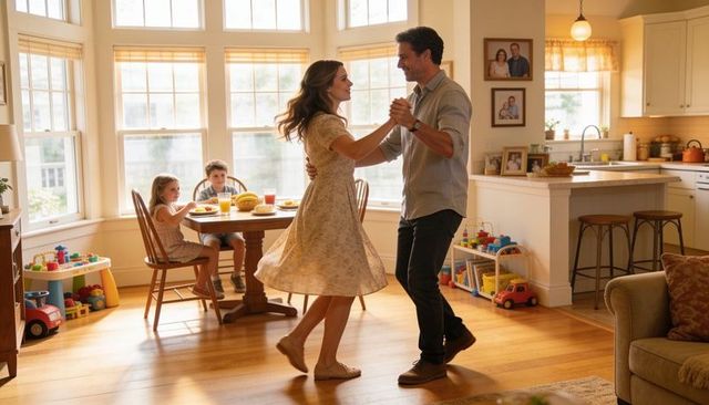 Couple dancing in sunlit kitchen while kids eat breakfast at cozy family home