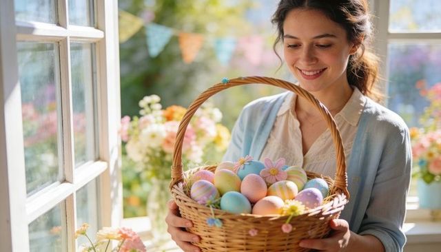 Smiling woman holding easter basket of pastel eggs by sunlit window with blooming flowers
