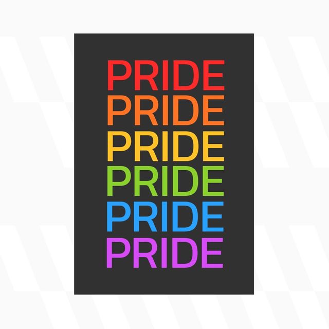 Illustrative image of multicolored pride text on black rectangle and white background, copy space. lgbtqia pride, lgbtqia rights, celebration, freedom, equality and pride concept.