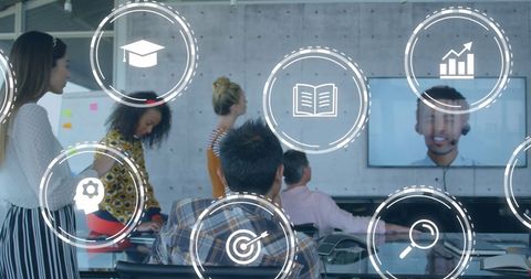 Diverse Business Team in Video Conference with Digital Overlay Icons