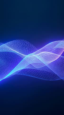 Vertical neon mesh ribbon flowing and crossing on navy canvas, glowing wireframe wave loop