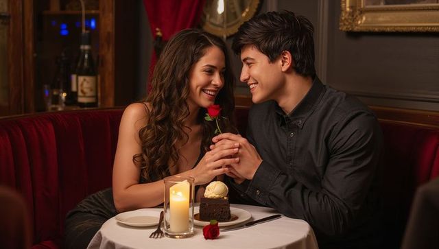 Romantic candlelit dinner date with red rose exchange