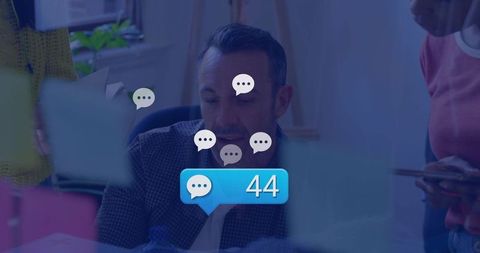 Team reacting to 44 message notifications during busy office collaboration
