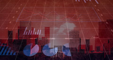 Dynamic Financial Charts on Cityscape Backdrop