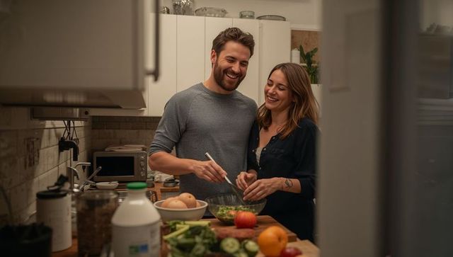 Couple preparing fresh salad in cozy home kitchen smiling and laughing during intimate evening