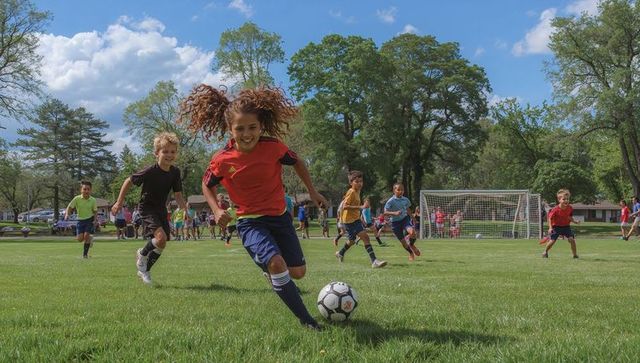 Hispanic girl dribbling soccer ball toward camera on youth field with diverse teammates