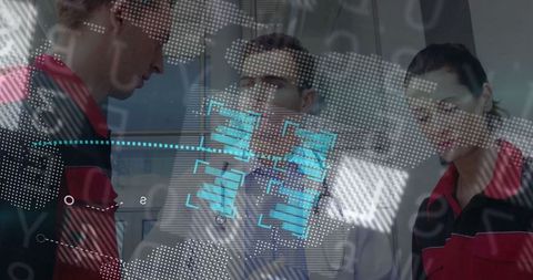 Professionals analyzing data on transparent screen in futuristic control room