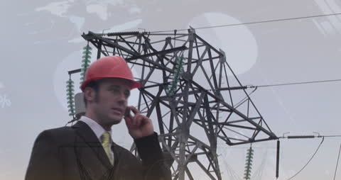 Engineer Overseeing Power Lines with Network Graphics