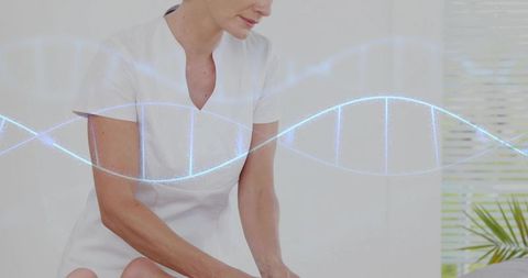 Clinician examining patient legs with dna helix overlay representing genetic health