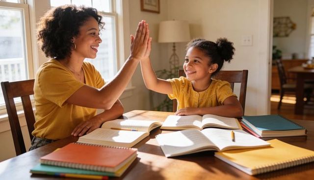 Sunlit home learning: mother and daughter giving high-five during homeschool study