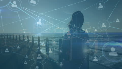 Digital Networking Connections with Woman Running on Beachfront