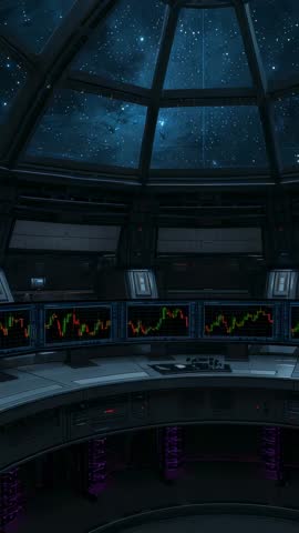 Futuristic space command deck showing live data charts under starfield dome vertical video