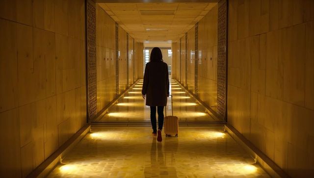 Solo female traveler walking down illuminated hotel corridor pulling carry-on suitcase