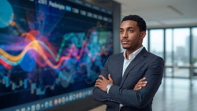 Confident executive studying dynamic financial charts on led data wall in modern office