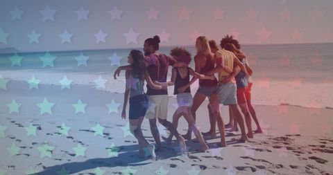 Diverse Friends Walking on Dreamy Beach with Star Overlay