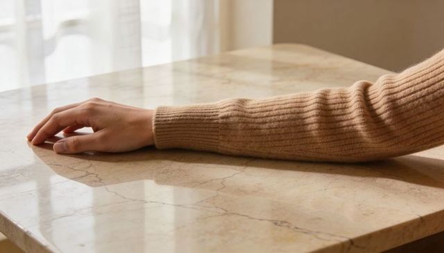 Resting arm wearing ribbed tan sweater on veined marble countertop near sheer curtains