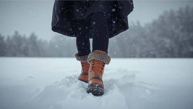 Woman walking in snow leaving footprints on winter day