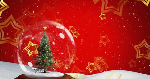 Glowing Christmas Snow Globe with Falling Golden Stars on Red Background