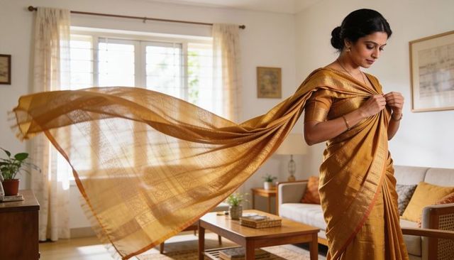 Golden silk saree elegance, woman adjusting pallu in sunlit modern living room