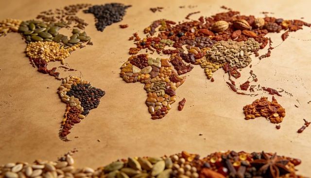 Recreating world map using seeds and spices on parchment mosaic for culinary travel visuals