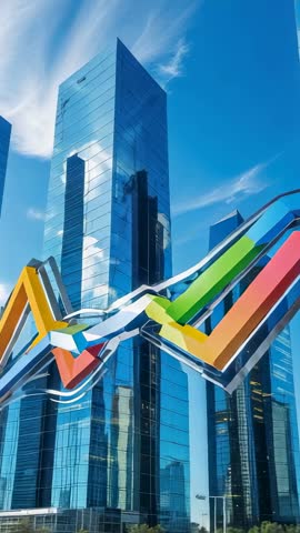 Vertical Video Sliding 3D Ribbon Graph Pulsing Across Skyscraper Skyline for Market Trends