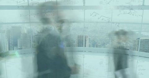 Blurred Businessman Walking in Glass Office with Skyline View and Equations
