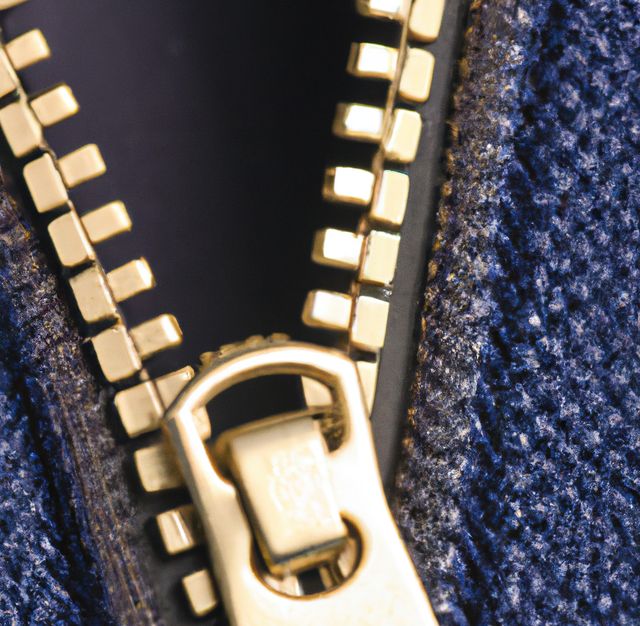 Image of close up of gold zipper and fabric background. Clothing, sewing and tailoring concept.