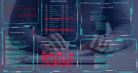 Business Analyst Typing at Laptop with Futuristic HUD Analytics and Cybersecurity Interface