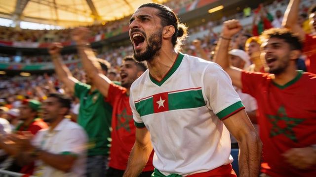 Passionate fan shouting in stadium wearing white jersey with green stripe and red star