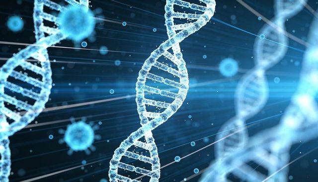 Glowing dna helix with viral particles in futuristic molecular 3d visualization