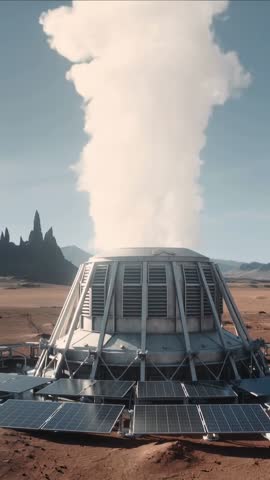 Venting Dome Releasing Steam on Red Desert with Solar Array | Futuristic Energy Vertical Video