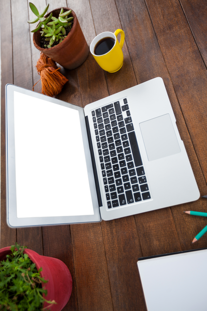 Transparent Laptop Screen on Wooden Desk with Coffee and Pot Plants - Download Free Stock Videos Pikwizard.com