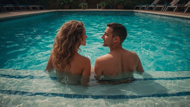 Couple sitting on submerged pool steps sharing sunlit conversation and summer intimacy