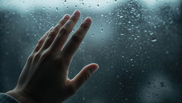 Lonely Hand Pressing Rainy Window with Water Droplets and Soft Blue Bokeh Mood