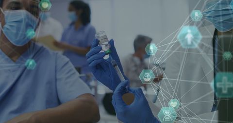 Doctors Administering COVID-19 Vaccine with Digital Healthcare Icons