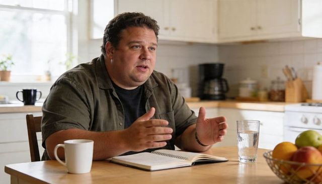 Adult man gesturing while explaining at kitchen table with open journal and coffee mug in daylight