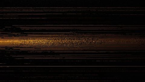 Streaming golden data band with horizontal glitch lines and particle trail on dark field