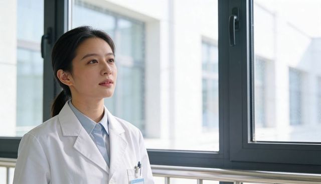 Young doctor gazing through large window in hospital corridor, hopeful healthcare professional