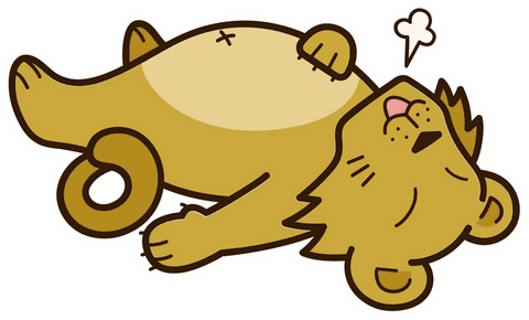 Relaxed cartoon lion emitting breath puff on transparent background