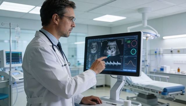 Physician pointing at ultrasound on touchscreen workstation in hospital clinic