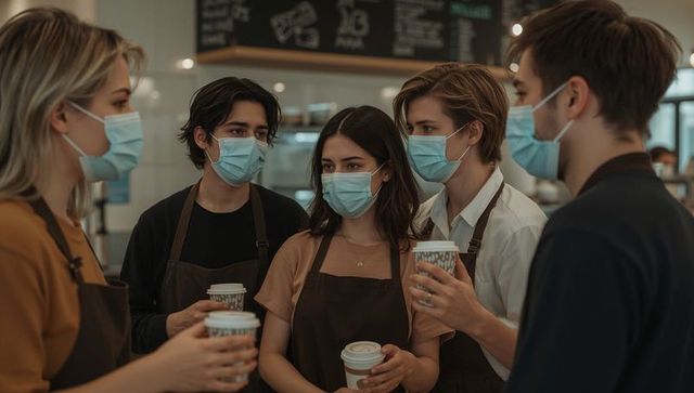 Masked baristas huddling over takeaway cups during team briefing in busy café