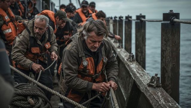 Seasoned crew hauling heavy mooring rope on weathered dock during overcast sea operation