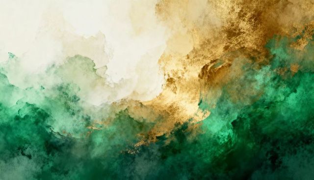 Emerald gold watercolor abstraction with metallic accents and flowing brushwork