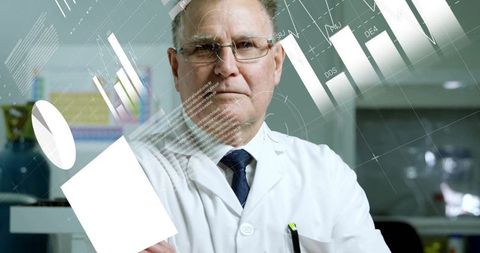 Senior scientist interacting with futuristic holographic display in laboratory