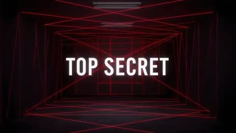 Top Secret title pulsing in red laser grid corridor with wireframe cube and vanishing depth