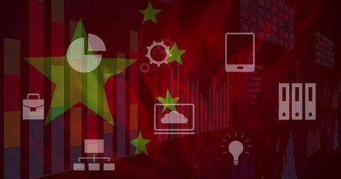 Chinese Flag Over Financial Data and Technology Icons