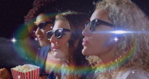 Friends watching movie with rainbow effects in cinema